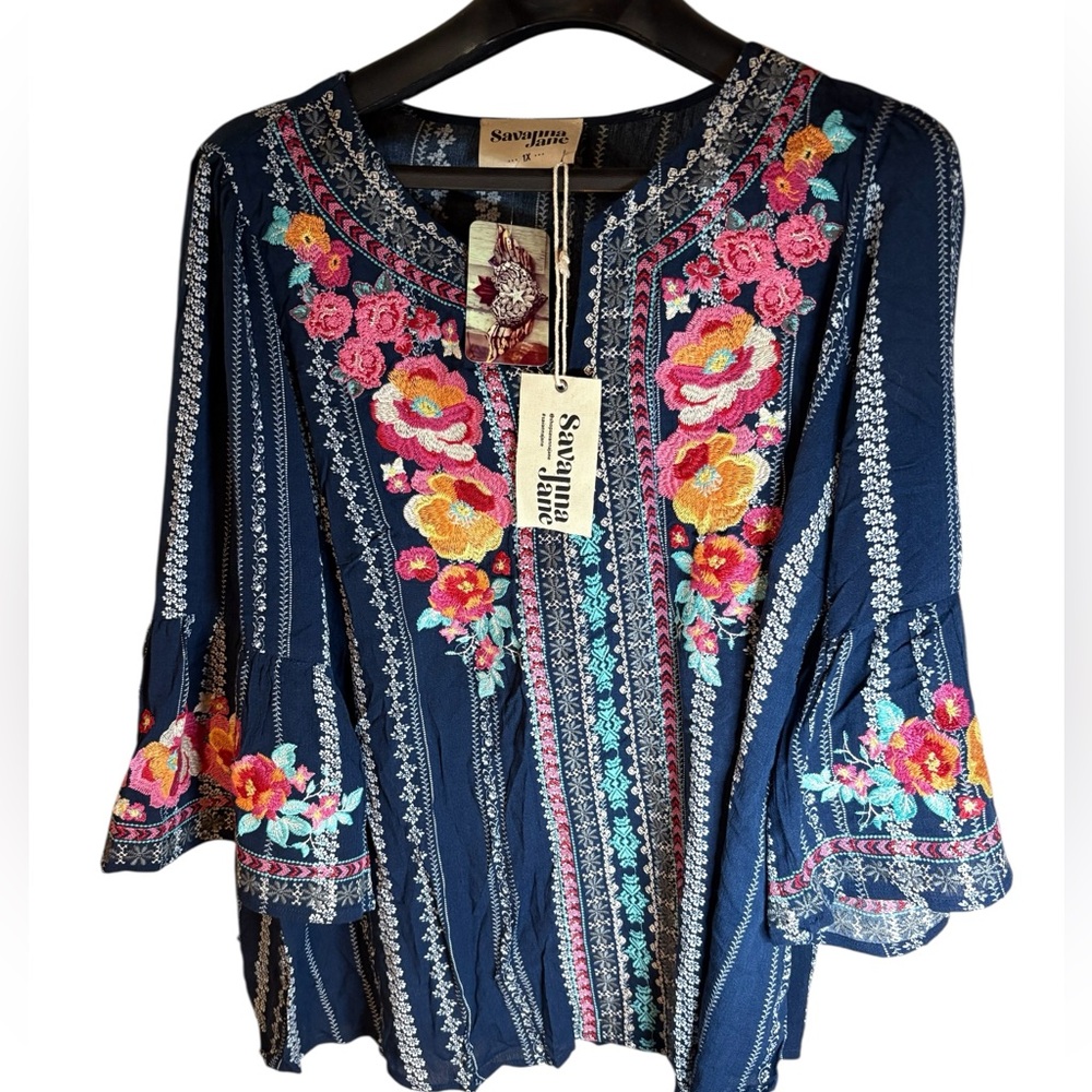Savanna Jane Navy with Bright Embroidery Flowers Long Sleeve v neck